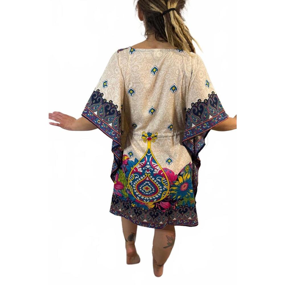 NWT Boho Style Cream & Floral Caftan Swim Beach Cover up Tunic Dress L XL XXL OS - Picture 2 of 3